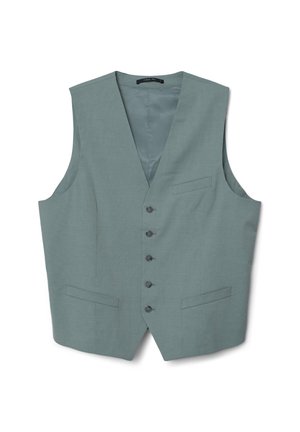 Gilet azzurro chiaro con scollo a V, sei bottoni sul davanti e due tasche frontali. Realizzato in tessuto liscio con un design strutturato.