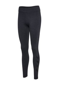 Donkergrijze nauwsluitende leggings met hoge tailleband en vier zwarte chevronstrepen op het onderbeen van het linkerbeen.