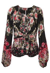Black floral blouse featuring red, white, and yellow patterns, a tie front, and long, voluminous sleeves with elastic cuffs.