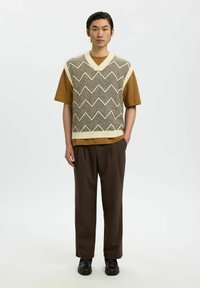 Pull sans manches en tricot avec motif zigzag beige et marron sur une chemise marron à manches courtes, associé à un pantalon marron et des chaussures noires.