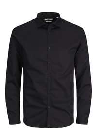 Czarna koszula z długim rękawem wykonana z gładkiego materiału, z klasycznym kołnierzykiem, pełnym zapięciem na guziki i guzikiem przy mankietach. Dopasowany krój.