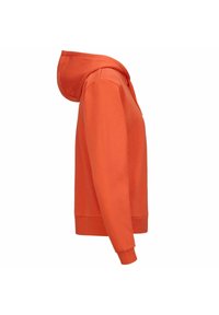 Felpa arancione in cotone, con cappuccio, maniche lunghe e polsini e orlo a coste. Texture liscia senza motivi o dettagli visibili.