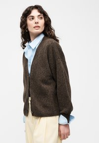 Donna con capelli ricci e scuri indossa un cardigan marrone sopra una camicia azzurra e pantaloni crema, guardando verso sinistra contro uno sfondo semplice.