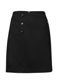 Jupe noire à coupe droite, dotée de six boutons ronds noirs sur le côté et de deux poches. Fabriquée en tissu texturé.