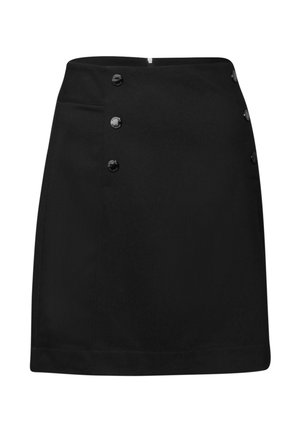 Falda negra de corte recto, con seis botones redondos negros en el costado y dos bolsillos. Hecha de tela texturada.