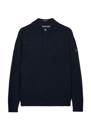 Dunkelblaues, langärmeliges Strickpullover mit geripptem Kragen und Bündchen, Knopfleiste mit vier Knöpfen und einem Aufnäher am linken Ärmel.