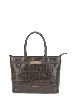 Borsa a mano in pelle marrone scuro con motivo coccodrillo, due manici, una chiusura dorata e scritte del nome del marchio in oro sul davanti.