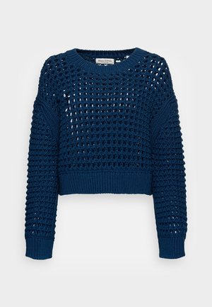 Pull court bleu marine en tricot avec motif ajouré, col rond côtelé, poignets et ourlet.
