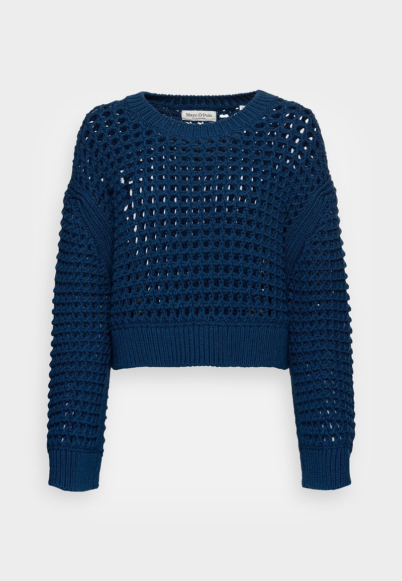 Pull court bleu marine en tricot avec motif ajouré, col rond côtelé, poignets et ourlet.