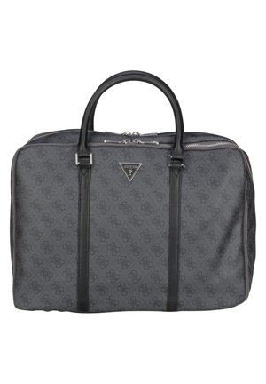 Gray patterned Guess brand tote bag with black leather handles and silver zipper closure on top.
