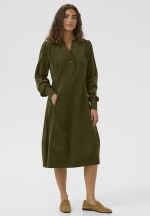 Olive green, long-sleeve dress with a buttoned collar, side pockets, and a relaxed fit, made of soft, textured fabric.
