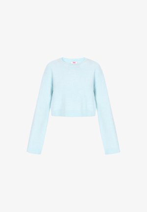 Skraťovaný sveter v svetlomodrej farbe, vyrobený z mäkkej pleteniny. Má dlhé rukávy a rebrovaný výstrih a spodný okraj. Hladká textúra po celom obvode.