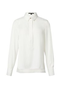 Blusa bianca a maniche lunghe con colletto, apertura frontale e leggero lucido. Presenta un taglio dritto e polsini con bottoni. Tessuto morbido.
