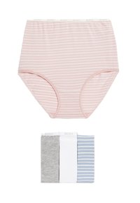 Hochgeschnittene Unterwäsche in Rosa mit dünnen weißen Streifen, ausgestattet mit einem weißen elastischen Bund, der mit "BODY" beschriftet ist. Drei weitere Paare: grau, weiß und blau gestreift.