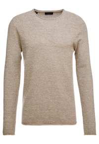 Pull beige à manches longues avec un motif de tricot texturé, col rond et poignets côtelés ; tissu léger avec une finition douce.