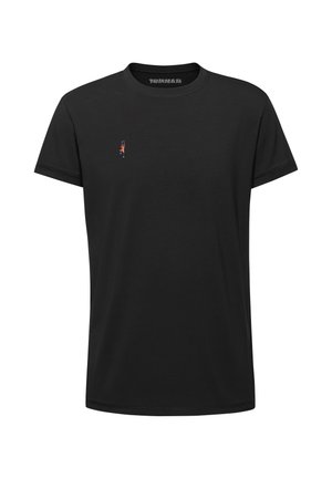 Black cotton t-shirt featuring a small, detailed orange climbing figure embroidered on the left chest. Short sleeves, crew neck design.