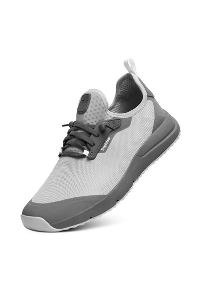 Lightweight athletic shoe in gray mesh with rubber accents, rounded toe, textured collar, and a pull tab at the heel for easy wear.