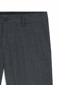 Gray textured trousers featuring a subtle pattern, straight cut, button closure, and a classic waistband design.