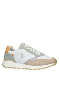 Schnürsneaker mit einem Obermaterial aus weißem Leder und Akzenten in Grün, Beige und Orange; Wildleder-Zehenkappe; Gummisohle; durchbrochene Details.