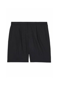 Pantaloni scurți negri cu față pliată, având două buzunare laterale și un cordon elastic în talie. Confectionați dintr-un material neted cu un finisaj mat.