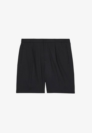 Shorts noirs avec un devant plissé, dotés de deux poches latérales et d'une ceinture élastique. Fabriqué à partir d'un tissu lisse au fini mat.