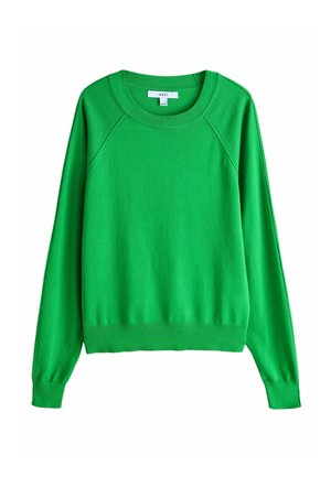 Grüner Rundhalsausschnitt-Pullover mit langen Raglanärmeln. Hergestellt aus leichtem Stoff. Verfügt über einen gerippten Halsausschnitt und Saum.