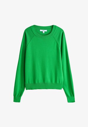 Zaļš džemperis ar apaļu kakla izgriezumu un gariem raglāna piedurknēm. Izgatavots no viegla auduma. Raksturīgs ribots kakla izgriezums un apmale.