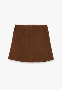 Brun uld mini nederdel med en flare form, der har en baglynlås og lodrette sømme for struktur. Blød tekstur og strømlinet design.