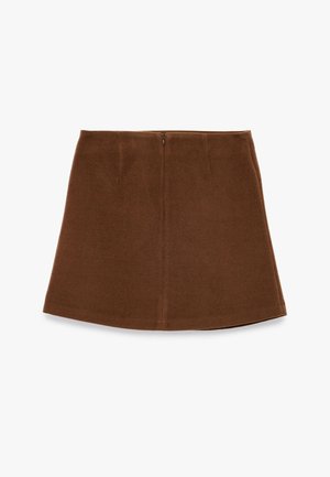 Bruine wollen mini-jurk met een uitlopende vorm, voorzien van een rits aan de achterkant en verticale naden voor structuur. Zachte textuur en gestroomlijnd ontwerp.