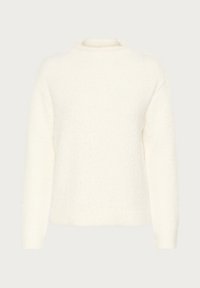 Pull en laine blanche avec un col montant et des manches longues. Texture douce, coupe décontractée et design minimaliste. Pas de motifs ni d'accents visibles.