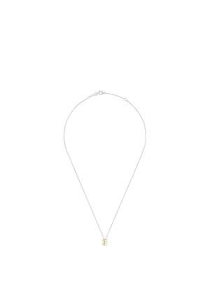 Collar de cadena de plata delicada con un pequeño colgante rectangular, mitad oro y mitad plata, asegurado con un cierre de langosta.