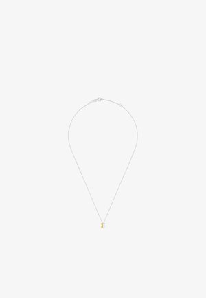 Collier chaîne en argent délicate avec un petit pendentif rectangulaire, moitié or et moitié argent, sécurisé par un fermoir mousqueton.