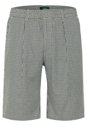 Miesten muotoon ommellut sortsit tummansinisessä ja kermahenkisessä ruutukuosissa. Ominaisuuksiin kuuluu tasainen etuosa, kaksi sivutaskua ja vyötärö vyölenkeillä.