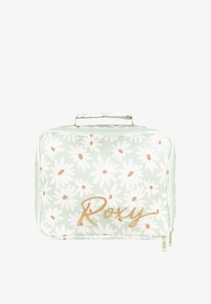 Groene cosmetica tas met een madeliefjespatroon, gouden "Roxy" logo, ritssluiting en een handvat aan de bovenkant voor gemakkelijke draagbaarheid.
