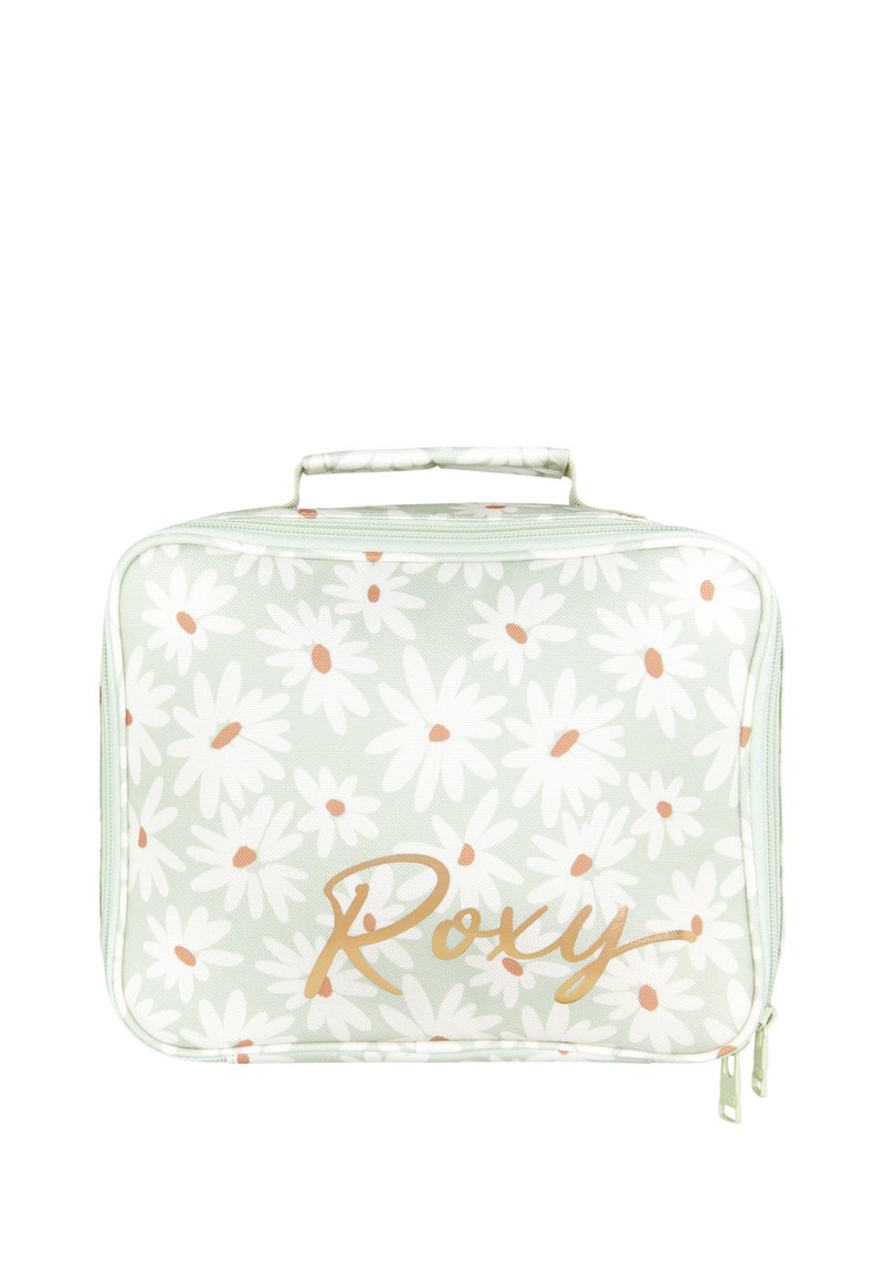 Neceser cosmético verde con un patrón de margaritas, logo dorado de "Roxy", cierre de cremallera y asa superior para un fácil transporte.