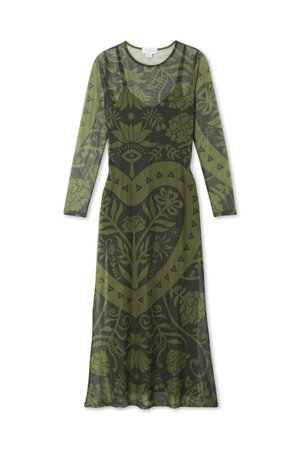 Langetermijndress in doorschijnend olijfgroen met donkere bloemenpatronen, voorzien van een ronde halslijn en driehoekige accenten aan de zoom.