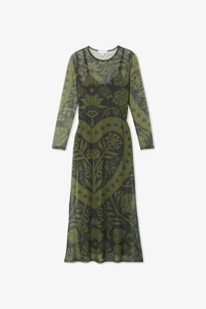 Long-sleeve dress in sheer olive green with dark floral patterns, featuring a round neckline and triangular accents on the hem.