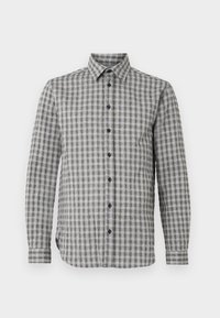 Herren Langarmhemd in Grau mit Karomuster, ausgestattet mit einem Button-Down-Kragen und schwarzen Knöpfen, aus weichem Stoff gefertigt.