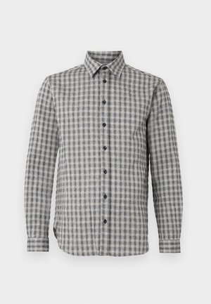 Férfi hosszú ujjú ing szürke kockás mintával, gombos gallérral és fekete gombokkal, puha anyagból készült.