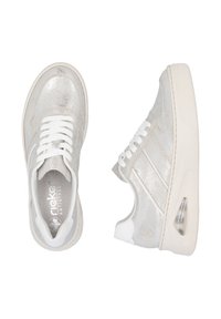 Silver metallic sneaker with white laces, smooth texture, and rubber sole. Features perforated design and transparent heel detail.