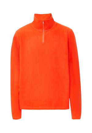 Orange fleece sweatshirts med halvlukket krave, lange ærmer og blød tekstur, der har en afslappet pasform og minimale sømme.