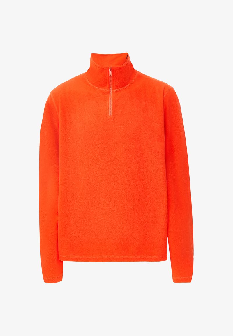 Orange fleece sweatshirts med halvlukket krave, lange ærmer og blød tekstur, der har en afslappet pasform og minimale sømme.