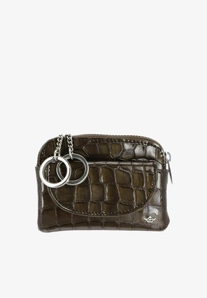 Small dark brown crocodile-texture leather coin purse with two silver key rings attached and a zipper closure.