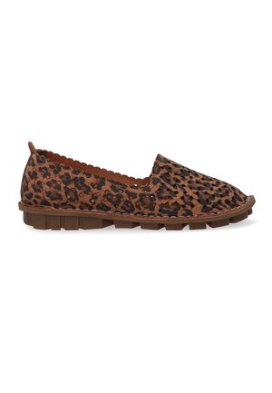 Leopard print fabric slip-on shoe with a brown rubber sole, scalloped edging, and a breathable design for comfort and flexibility.