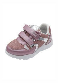 Rosa Sportschuh mit metallischen Akzenten, Obermaterial aus Mesh und weißer Sohle. Verfügt über zwei Klettverschlüsse für einen sicheren Sitz.