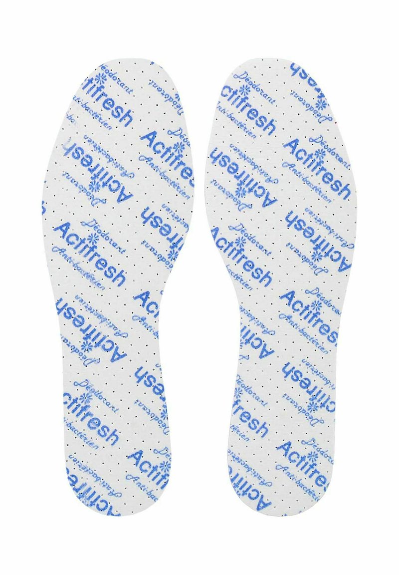 Biele stiely s modrým potlačením "Acritfresh", s hladkým povrchom a perforáciami pre priedušnosť. Navrhnuté pre pohodlie a kontrolu zápachu.