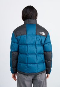 Person iført en blå og sort North Face dunjakke vendt væk, parret med grå denim jeans mod en ensfarvet baggrund.