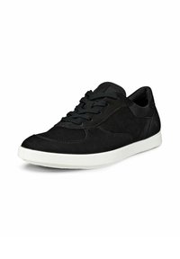 Schwarze Wildleder-Sneaker mit weißer Gummisohle, ausgestattet mit sechs runden Ösen, flachen schwarzen Schnürsenkeln, glatter Oberfläche und dezenten Stickdetails.