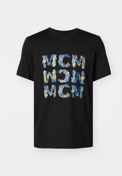 Black cotton t-shirt featuring colorful coral-themed graphic text reading "NEW" in blue and yellow hues. Round neckline and short sleeves.
