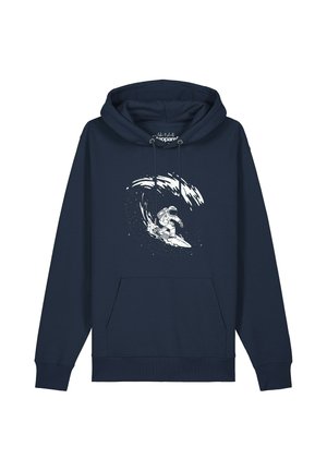 Marineblaue Kapuzenjacke mit Vordertasche, die eine weiße Grafik eines Astronauten zeigt, der auf einer Weltraumwelle mit Sternen drumherum surft.